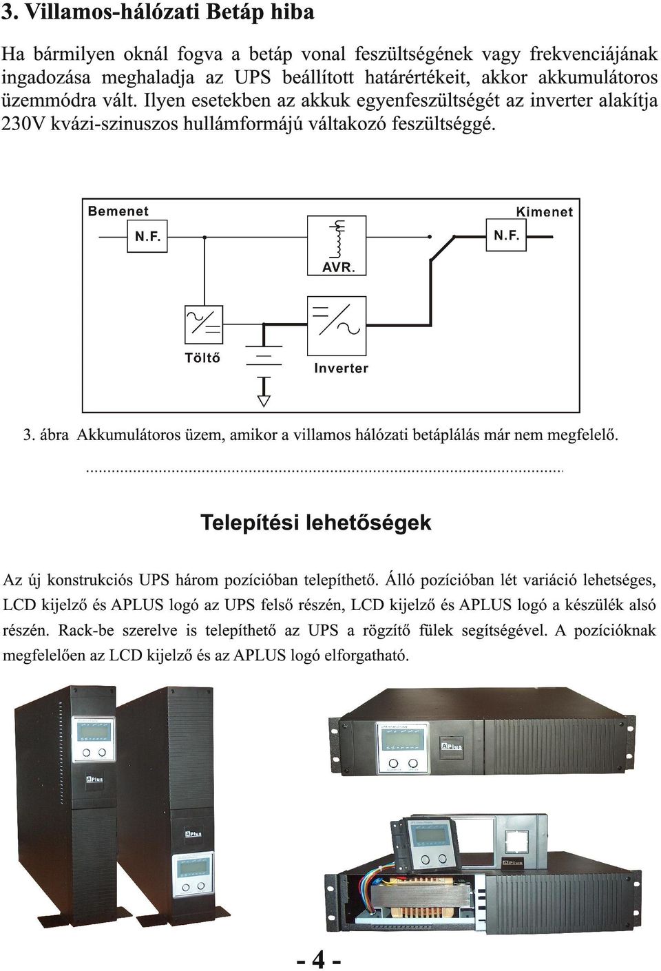 ábra Akkumulátoros üzem, amikor a villamos hálózati betáplálás már nem megfelelő. Telepítési lehetőségek Az új konstrukciós UPS három pozícióban telepíthető.