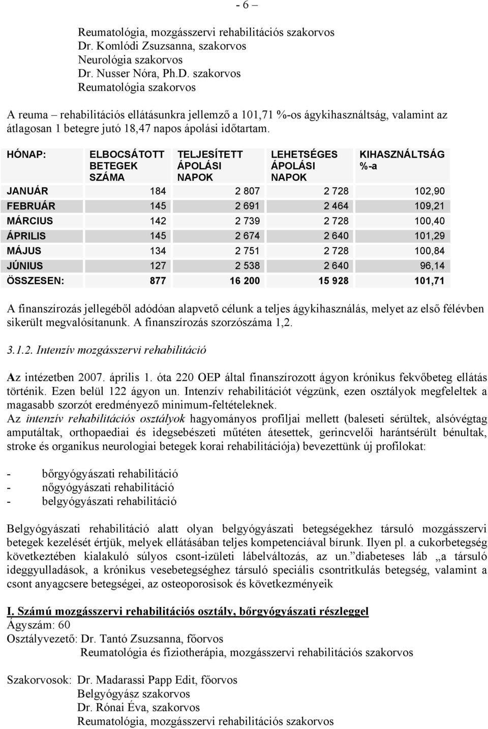 . Nusser Nóra, Ph.D. szakorvos Reumatológia szakorvos A reuma rehabilitációs ellátásunkra jellemző a 101,71 %-os ágykihasználtság, valamint az átlagosan 1 betegre jutó 18,47 napos ápolási időtartam.