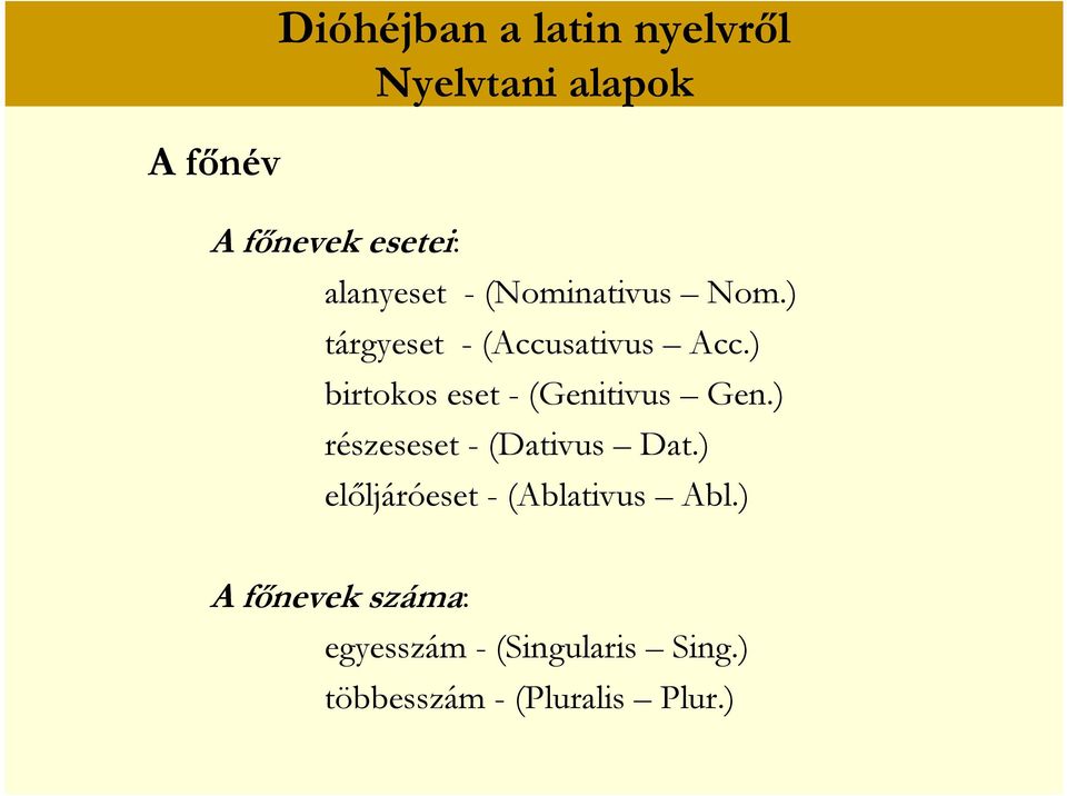 ) birtokos eset - (Genitivus Gen.) részeseset - (Dativus Dat.