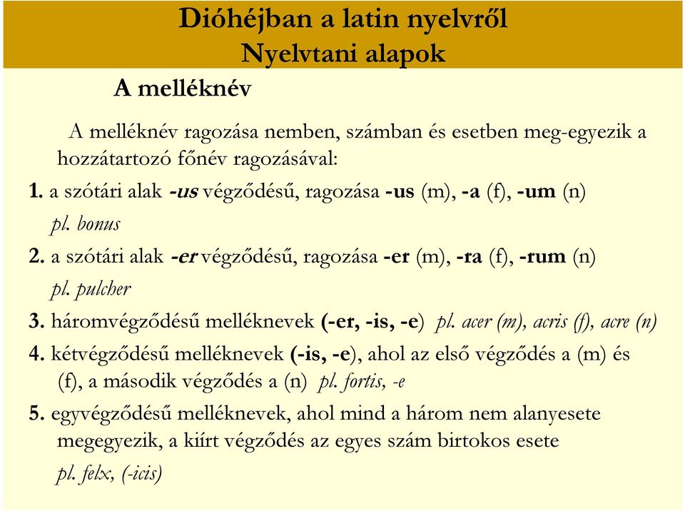 háromvégződésű melléknevek (-er, -is, -e) pl. acer (m), acris (f), acre (n) 4.