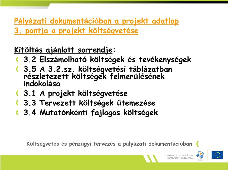 2 Elszámolható költségek és tevékenységek 3.5 A 3.2.sz. költségvetési táblázatban részletezett költségek felmerülésének indokolása 3.