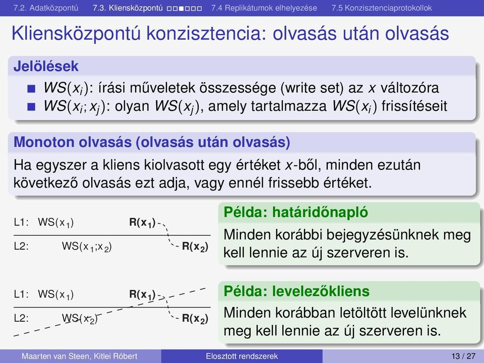 értéket. L1: L2: WS( x 1 ) R( x 1 ) WS( x 1 ; x 2 ) R( x 2 ) Példa: határidőnapló Minden korábbi bejegyzésünknek meg kell lennie az új szerveren is.