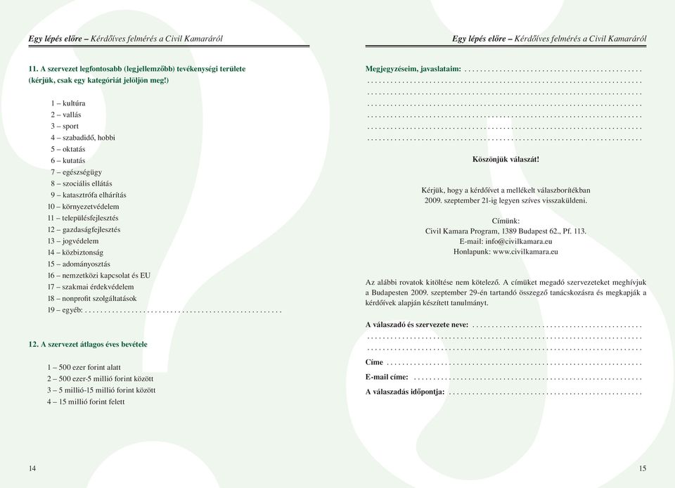 jogvédelem 14 közbiztonság 15 adományosztás 16 nemzetközi kapcsolat és EU 17 szakmai érdekvédelem 18 nonprofit szolgáltatások 19 egyéb:... 12.