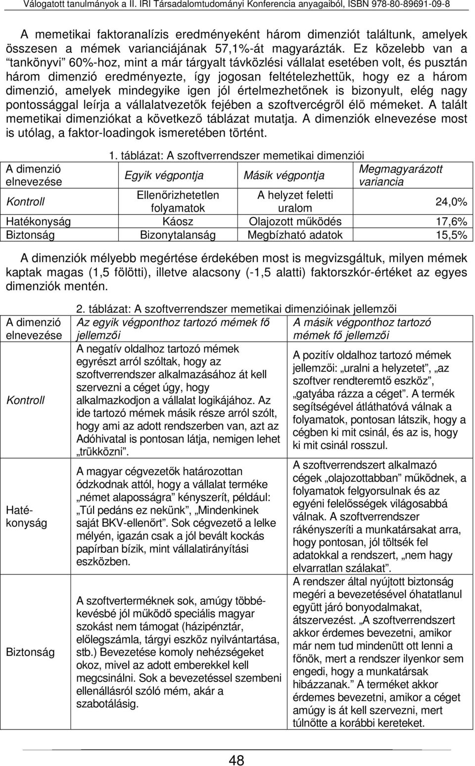 mindegyike igen jól értelmezhetőnek is bizonyult, elég nagy pontossággal leírja a vállalatvezetők fejében a szoftvercégről élő mémeket. A talált memetikai dimenziókat a következő táblázat mutatja.