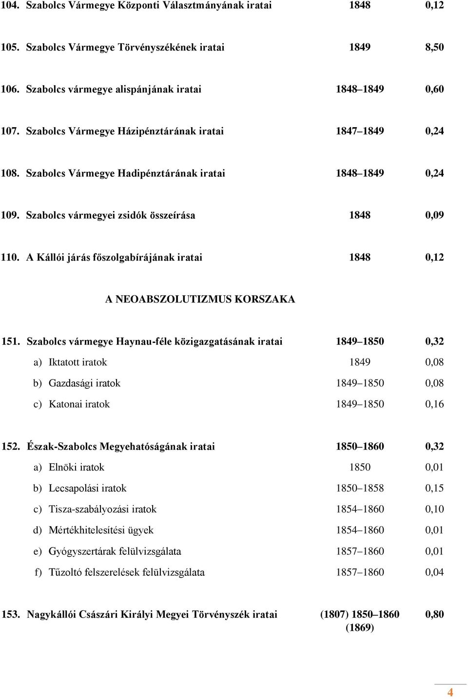 A Kállói járás főszolgabírájának iratai 1848 0,12 A NEOABSZOLUTIZMUS KORSZAKA 151.