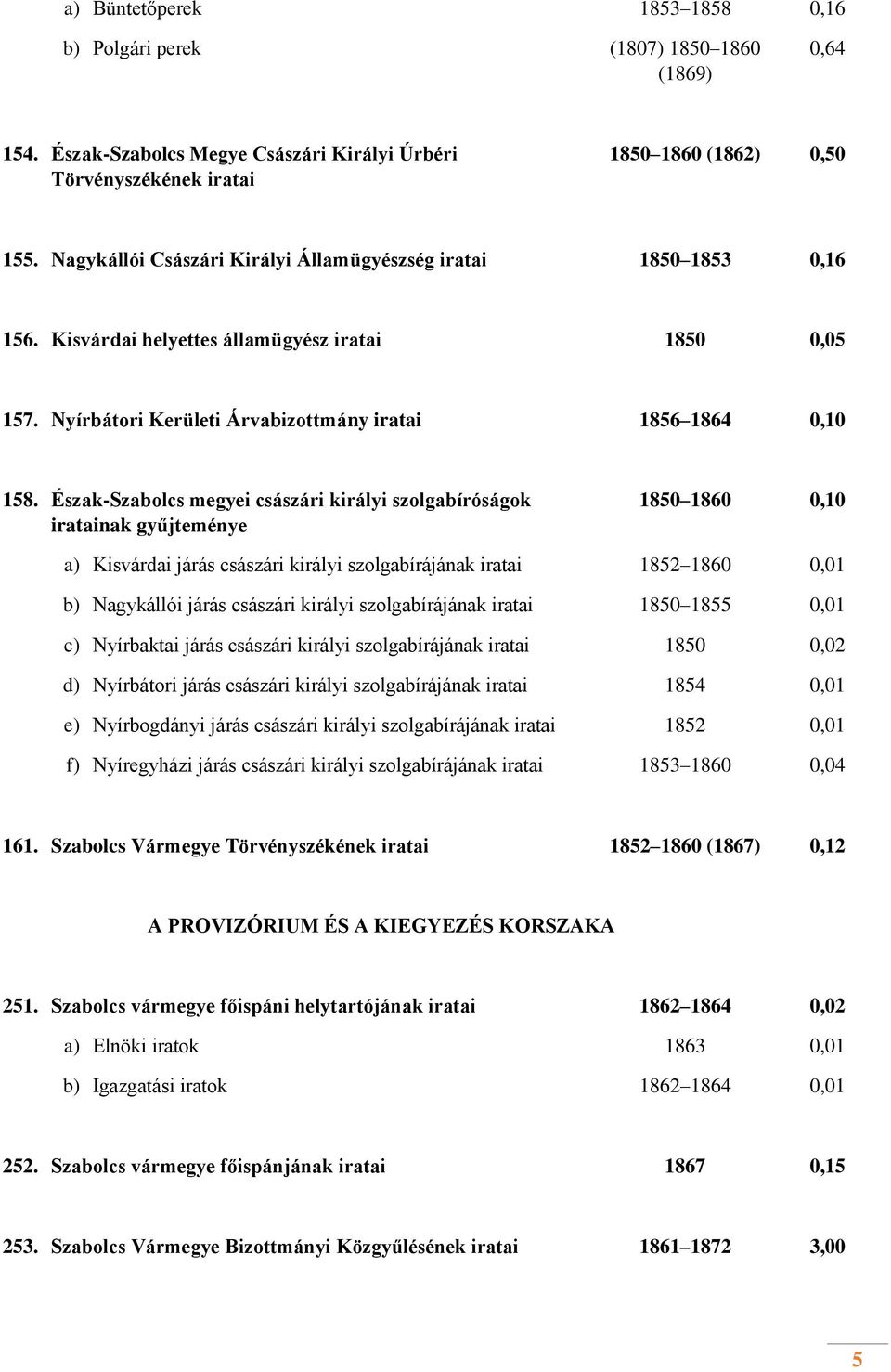 Észak-Szabolcs megyei császári királyi szolgabíróságok iratainak gyűjteménye 1850 1860 0,10 a) Kisvárdai járás császári királyi szolgabírájának iratai 1852 1860 0,01 b) Nagykállói járás császári