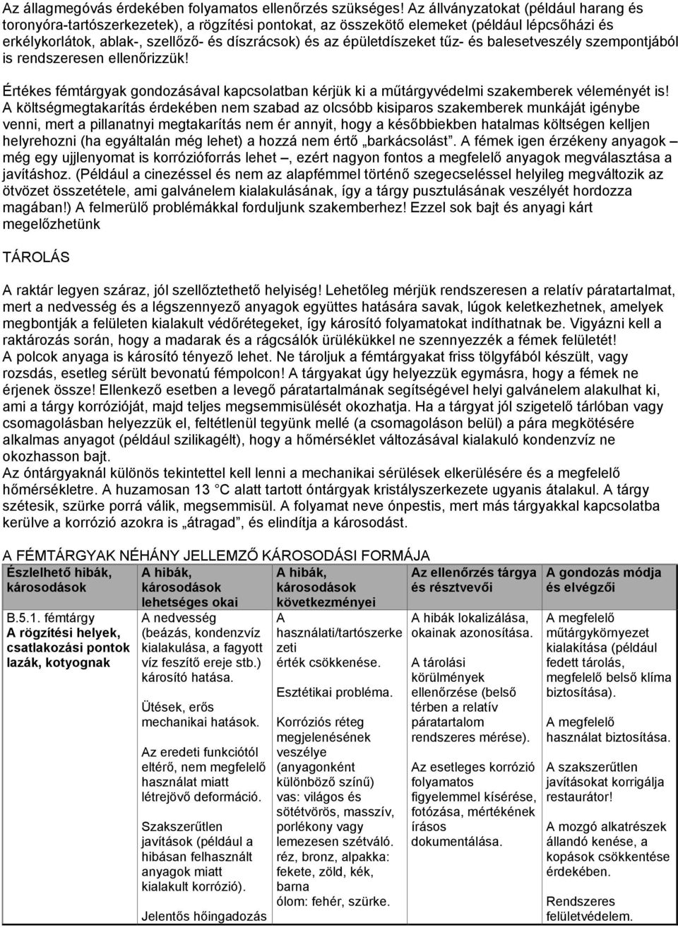 épületdíszeket tűz- és balesetveszély szempontjából is rendszeresen ellenőrizzük! Értékes fémtárgyak gondozásával kapcsolatban kérjük ki a műtárgyvédelmi szakemberek véleményét is!