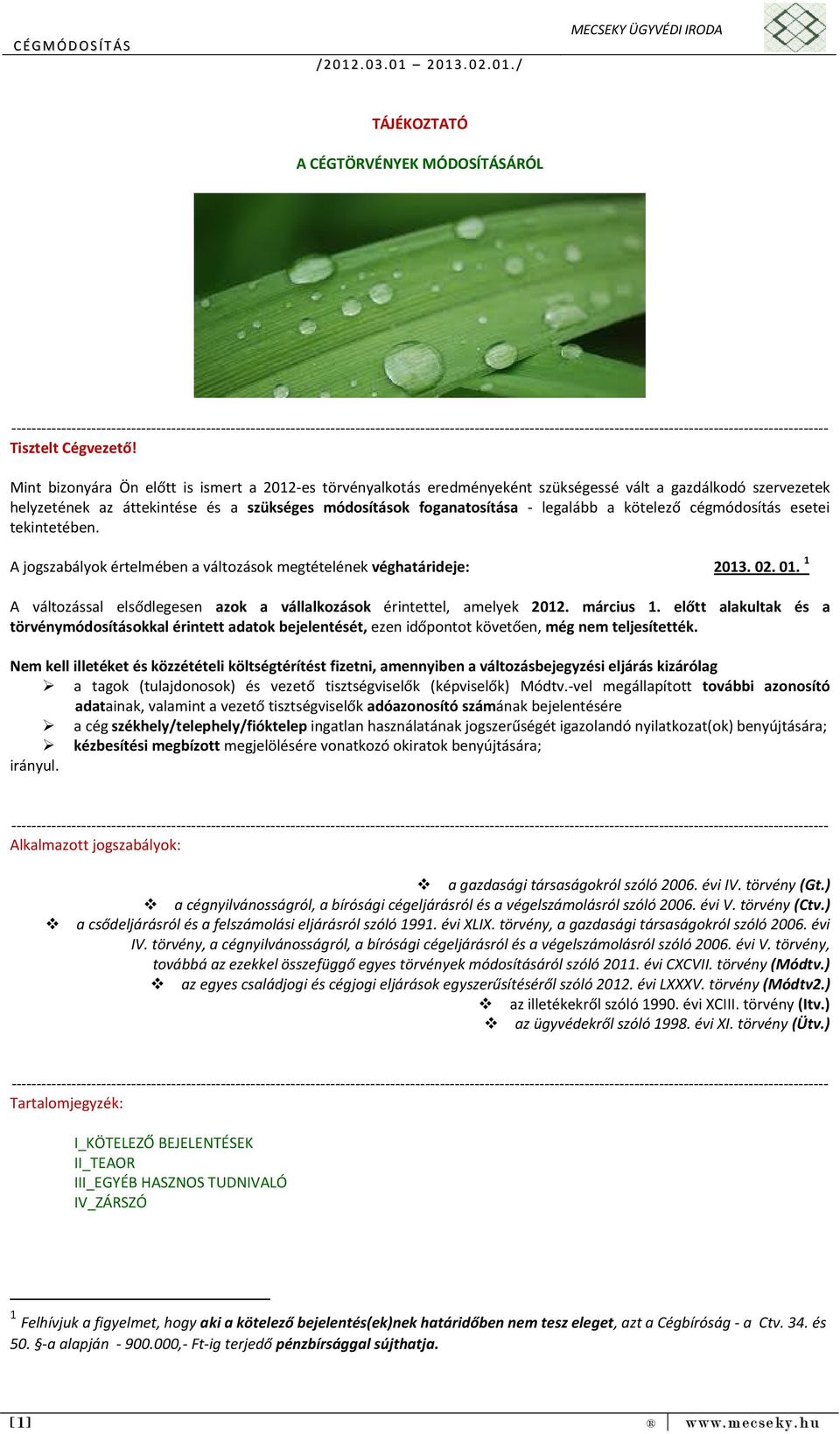 kötelező cégmódosítás esetei tekintetében. A jogszabályok értelmében a változások megtételének véghatárideje: 2013. 02. 01. 1 A változással elsődlegesen azok a vállalkozások érintettel, amelyek 2012.