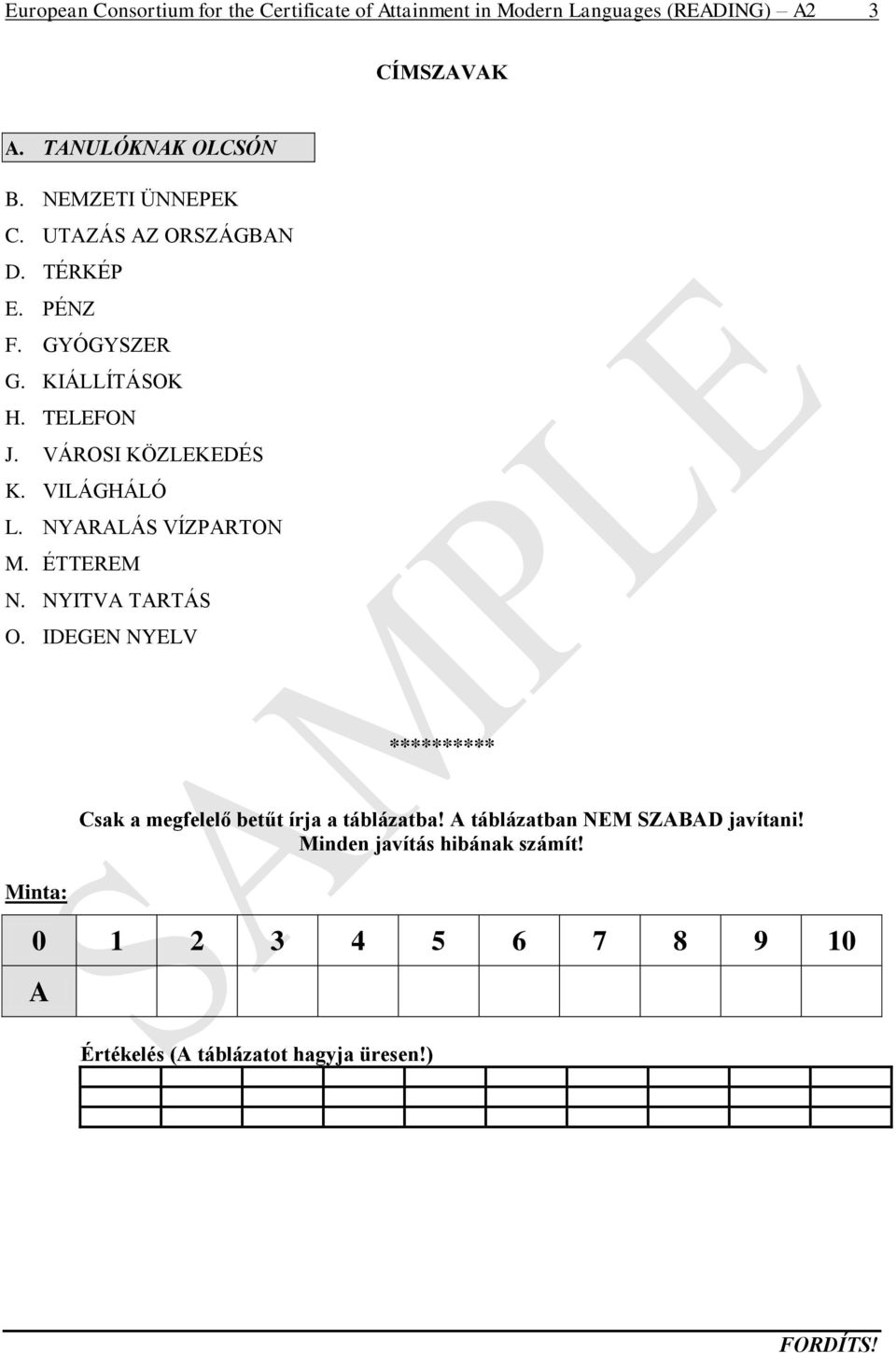 VILÁGHÁLÓ L. NYARALÁS VÍZPARTON M. ÉTTEREM N. NYITVA TARTÁS O. IDEGEN NYELV Minta: Csak a megfelelő betűt írja a táblázatba!