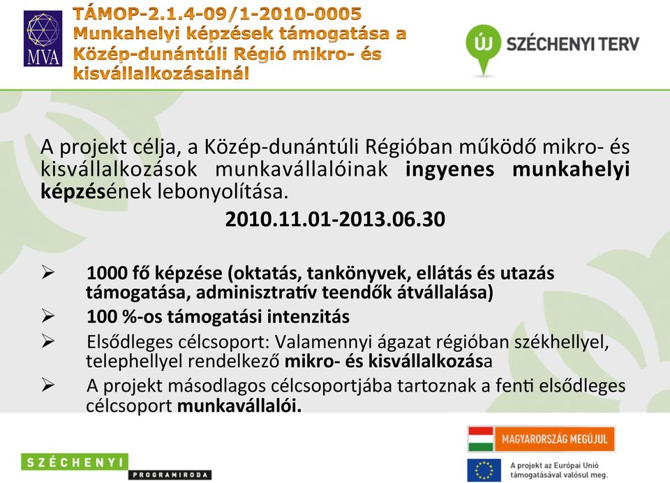 30 1000 fő képzése (oktatás, tankönyvek, ellátás és utazás támogatása, adminisztratv teendők átvállalása) 100 %- os