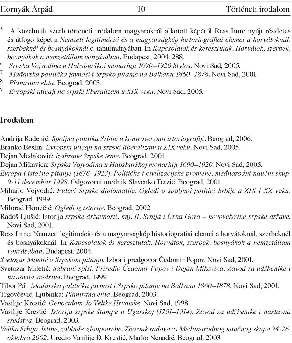 6 Srpska Vojvodina u Habsburškoj monarhiji 1690 1920 Stylos. Novi Sad, 2005. 7 Mađarska politička javnost i Srpsko pitanje na Balkanu 1860 1878. Novi Sad, 2001. 8 Planirana elita. Beograd, 2003.