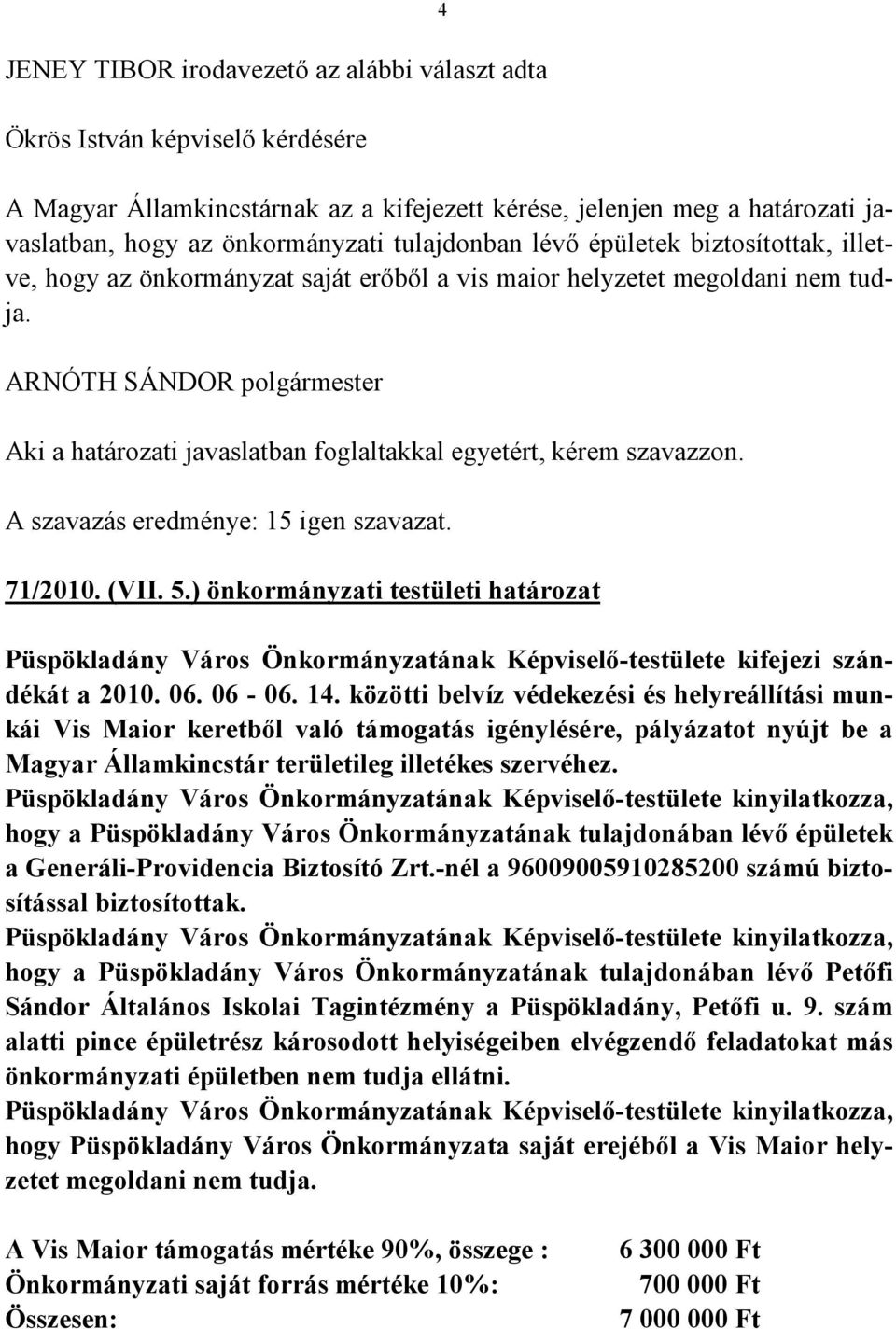 A szavazás eredménye: 15 igen szavazat. 71/2010. (VII. 5.) önkormányzati testületi határozat Püspökladány Város Önkormányzatának Képviselő-testülete kifejezi szándékát a 2010. 06. 06-06. 14.