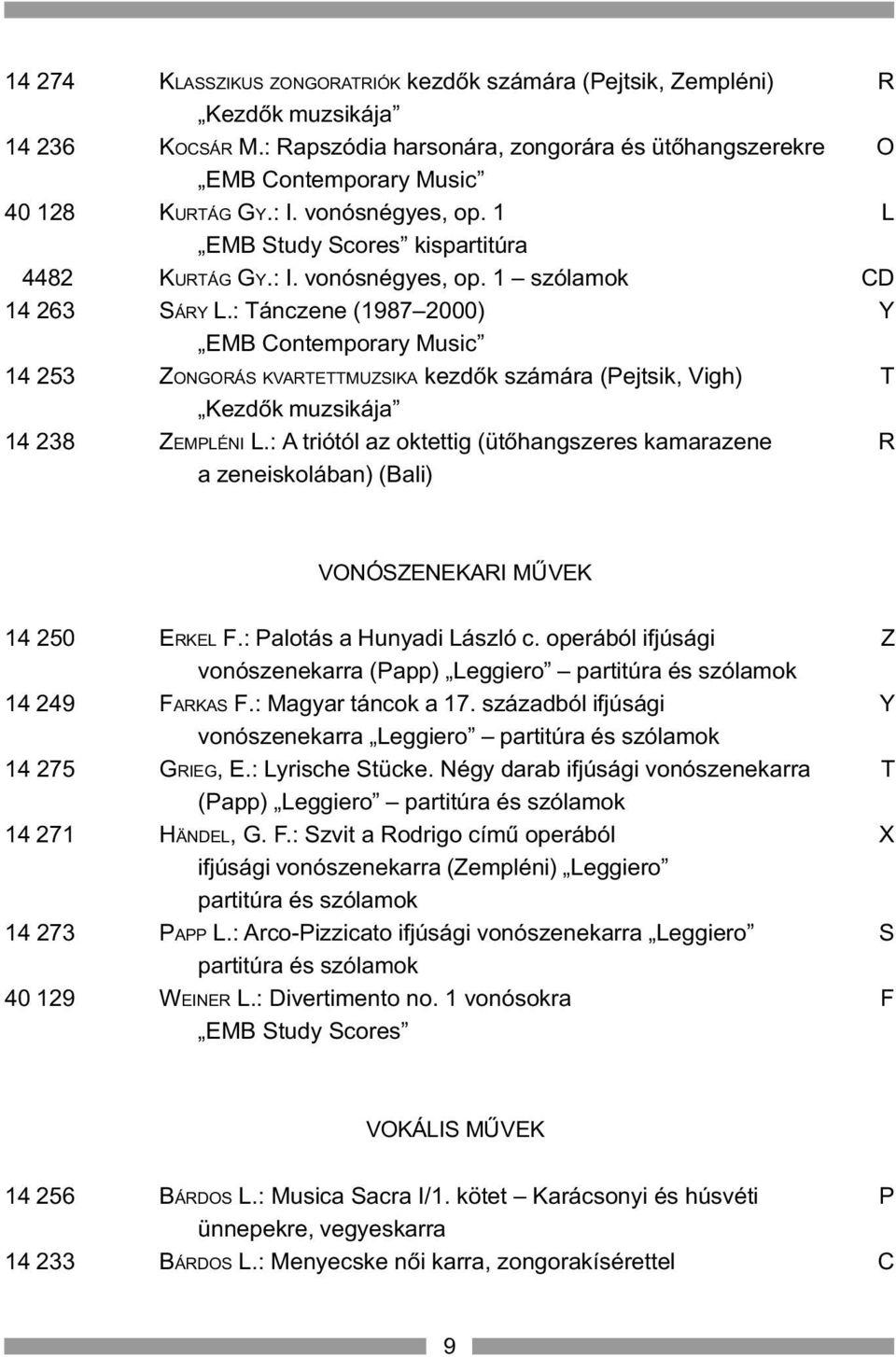 : Tánczene (1987 2000) Y EMB Contemporary Music 14 253 ZONGORÁS KVARTETTMUZSIKA kezdõk számára (Pejtsik, Vigh) T Kezdõk muzsikája 14 238 ZEMPLÉNI L.