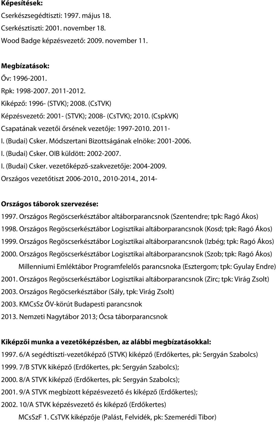 Módszertani Bizottságának elnöke: 2001 2006. I. (Budai) Csker. OIB küldött: 2002 2007. I. (Budai) Csker. vezetőképző szakvezetője: 2004 2009. Országos vezetőtiszt 2006 2010., 2010 2014.