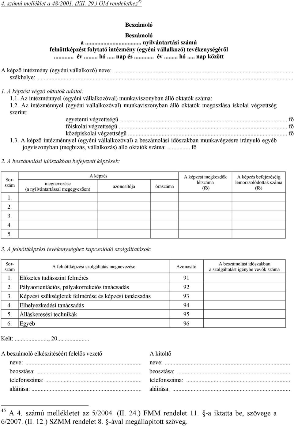 2. Az intézménnyel (egyéni vállalkozóval) munkaviszonyban álló oktatók megoszlása iskolai végzettség szerint: egyetemi végzettségű... fő főiskolai végzettségű... fő középiskolai végzettségű... fő 1.3.