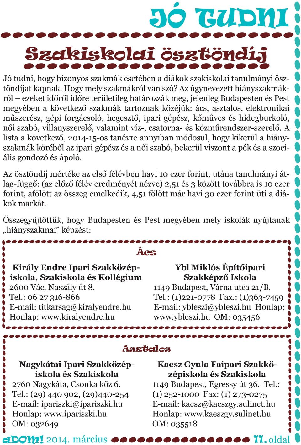 forgácsoló, hegesztő, ipari gépész, kőműves és hidegburkoló, női szabó, villanyszerelő, valamint víz-, csatorna- és közműrendszer-szerelő.