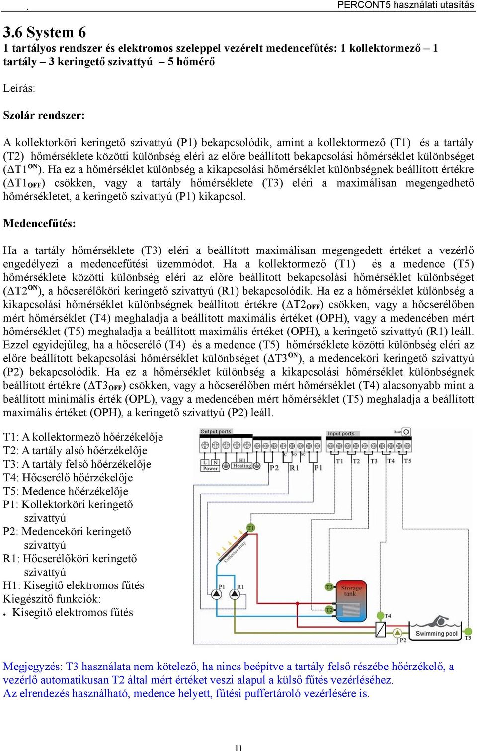 Ha ez a hőmérséklet különbség a kikapcsolási hőmérséklet különbségnek beállított értékre (ΔT1OFF) csökken, vagy a tartály hőmérséklete (T3) eléri a maximálisan megengedhető hőmérsékletet, a keringető