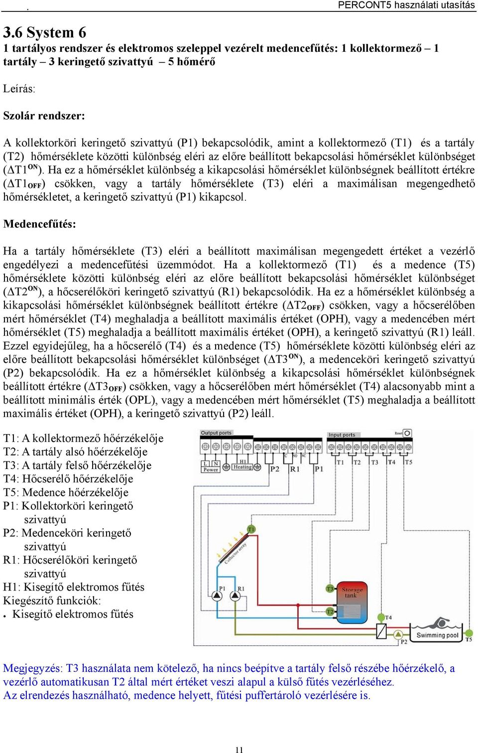 Ha ez a hőmérséklet különbség a kikapcsolási hőmérséklet különbségnek beállított értékre (ΔT1OFF) csökken, vagy a tartály hőmérséklete (T3) eléri a maximálisan megengedhető hőmérsékletet, a keringető