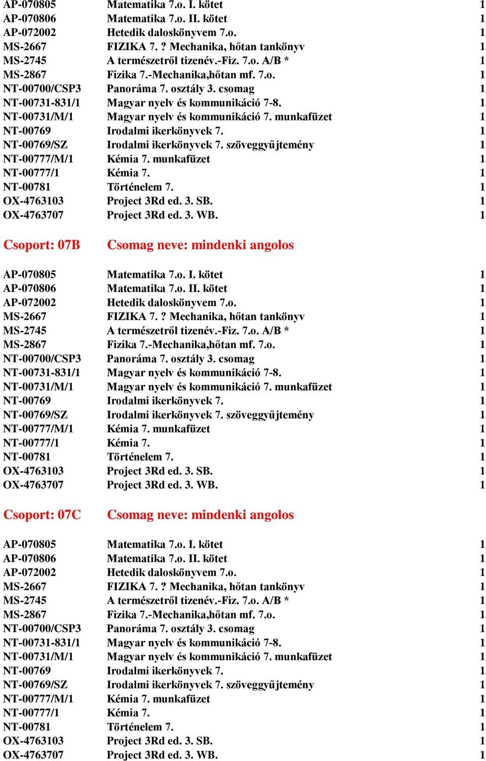 munkafüzet 1 NT-00769 Irodalmi ikerkönyvek 7. 1 NT-00769/SZ Irodalmi ikerkönyvek 7. szöveggyűjtemény 1 NT-00777/M/1 Kémia 7. munkafüzet 1 NT-00777/1 Kémia 7. 1 NT-00781 Történelem 7.