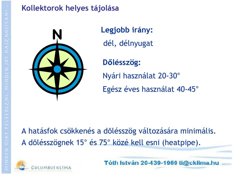 használat 40-45 A hatásfok csökkenés a dőlésszög