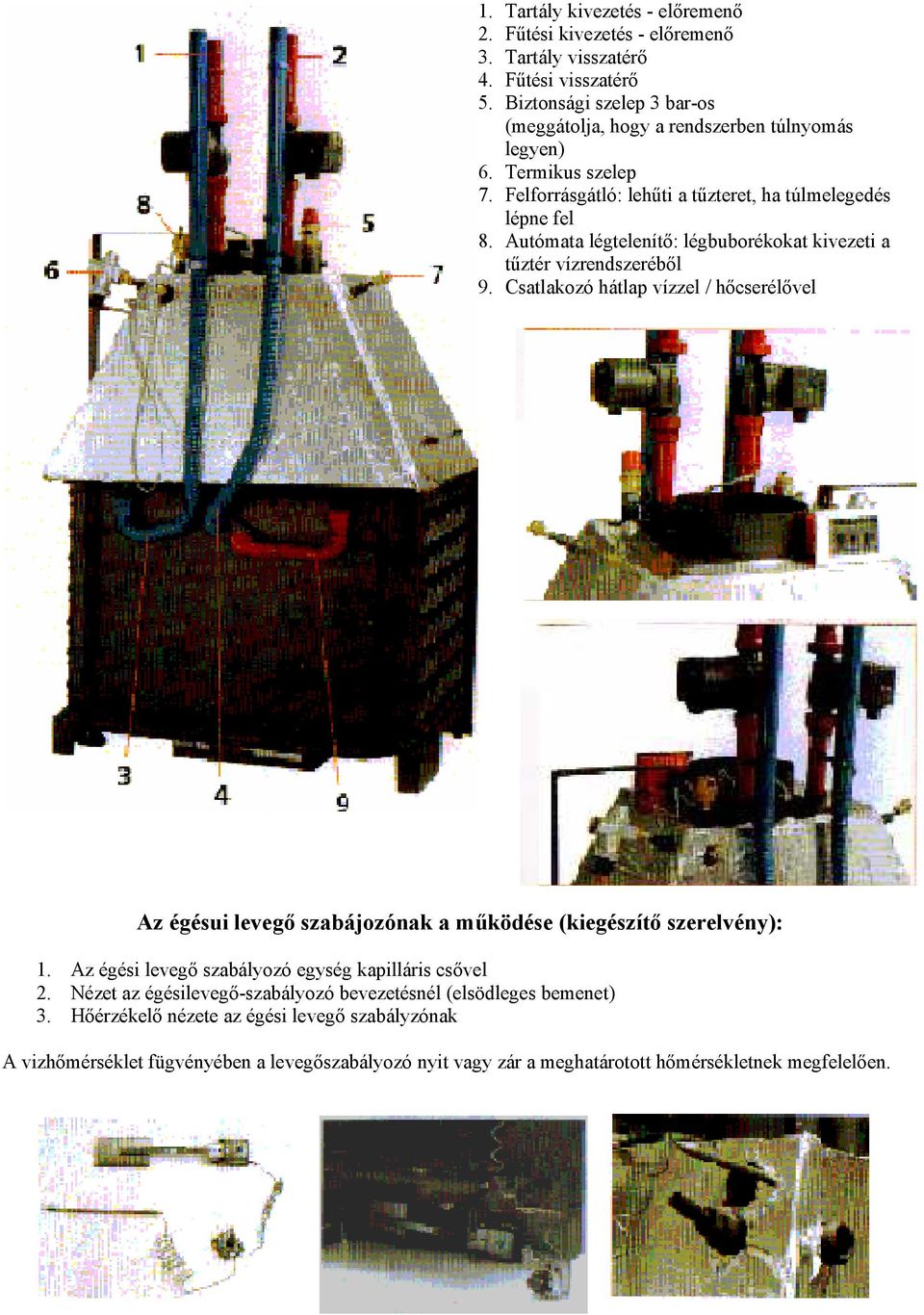 Autómata légtelenítő: légbuborékokat kivezeti a tűztér vízrendszeréből 9. Csatlakozó hátlap vízzel / hőcserélővel Az égésui levegő szabájozónak a működése (kiegészítő szerelvény): 1.