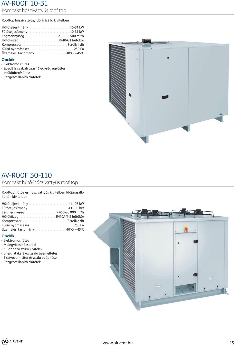 ..-10 C- +45 C Elektromos fűtés Speciális szabályozás 15 egység együttes működtetéséhez Rezgéscsillapító alátétek AV-ROOF 30-110 Kompakt hűtő/hőszivattyús roof top Rooftop hűtős és hőszivattyús