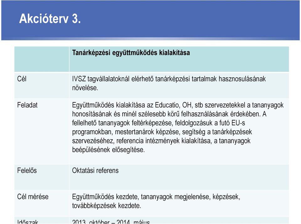 A fellelhetı tananyagok feltérképezése, feldolgozásuk a futó EU-s programokban, mestertanárok képzése, segítség a tanárképzések szervezéséhez, referencia