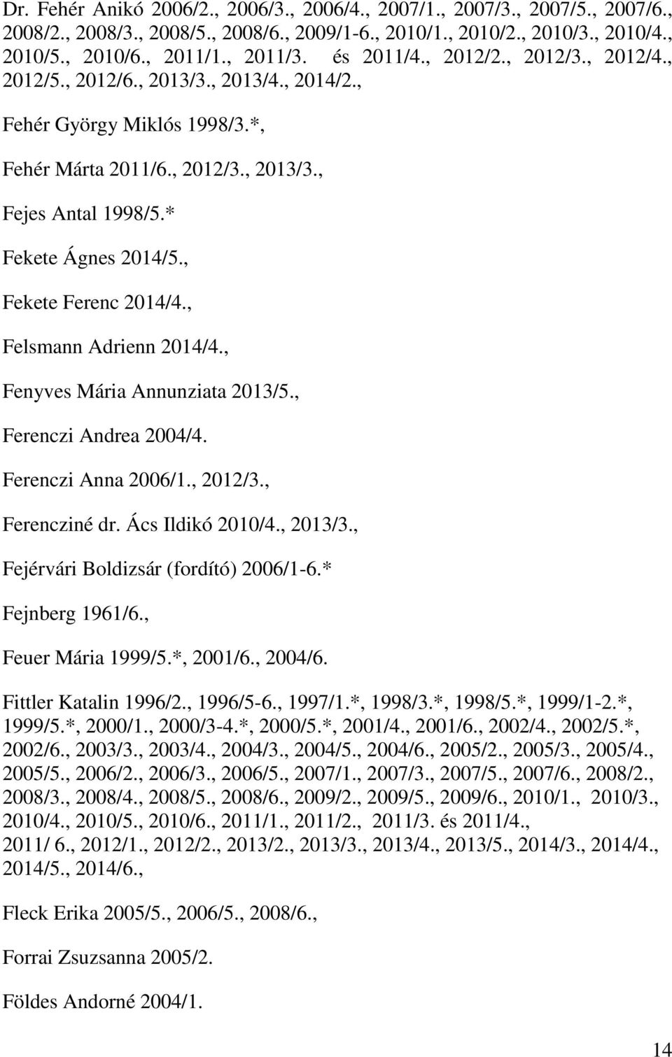 , Fekete Ferenc 2014/4., Felsmann Adrienn 2014/4., Fenyves Mária Annunziata 2013/5., Ferenczi Andrea 2004/4. Ferenczi Anna 2006/1., 2012/3., Ferencziné dr. Ács Ildikó 2010/4., 2013/3.