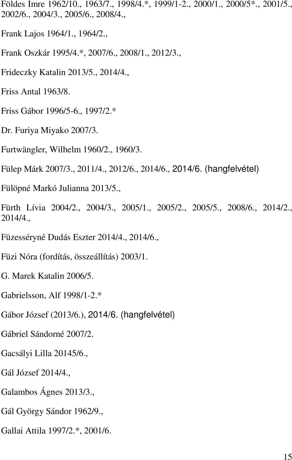 , 2014/6. (hangfelvétel) Fülöpné Markó Julianna 2013/5., Fürth Lívia 2004/2., 2004/3., 2005/1., 2005/2., 2005/5., 2008/6., 2014/2., 2014/4., Füzesséryné Dudás Eszter 2014/4., 2014/6., Füzi Nóra (fordítás, összeállítás) 2003/1.
