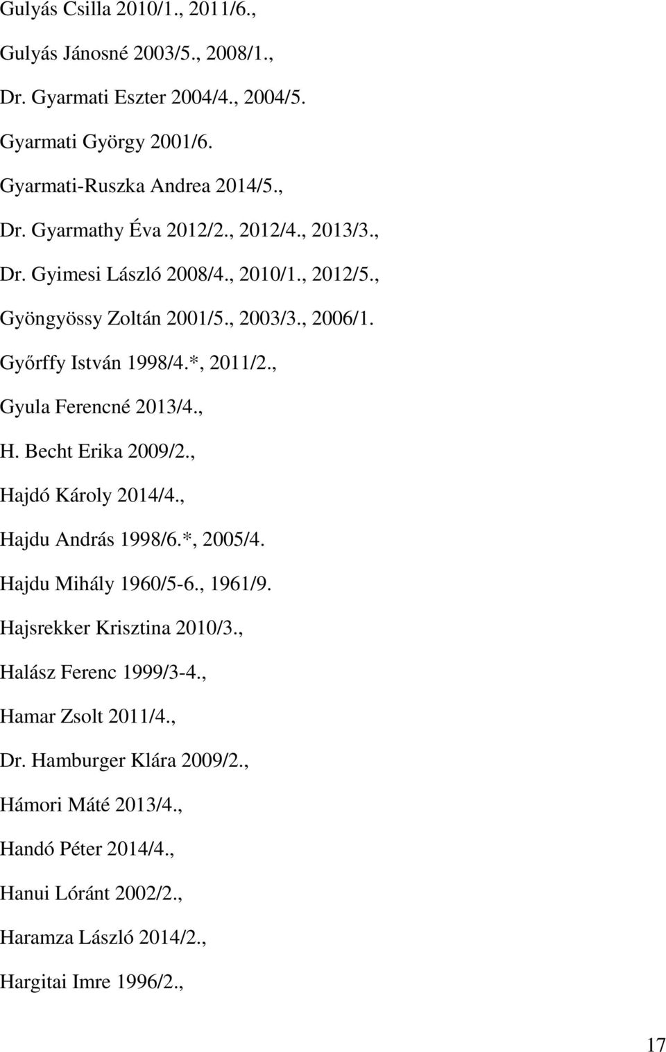 Becht Erika 2009/2., Hajdó Károly 2014/4., Hajdu András 1998/6.*, 2005/4. Hajdu Mihály 1960/5-6., 1961/9. Hajsrekker Krisztina 2010/3., Halász Ferenc 1999/3-4.