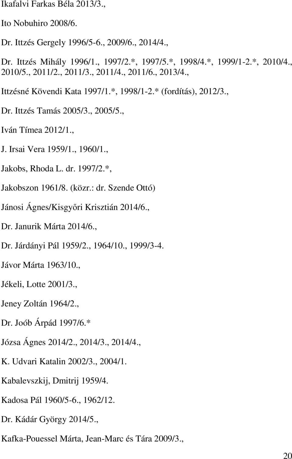 , Jakobs, Rhoda L. dr. 1997/2.*, Jakobszon 1961/8. (közr.: dr. Szende Ottó) Jánosi Ágnes/Kisgyőri Krisztián 2014/6., Dr. Janurik Márta 2014/6., Dr. Járdányi Pál 1959/2., 1964/10., 1999/3-4.