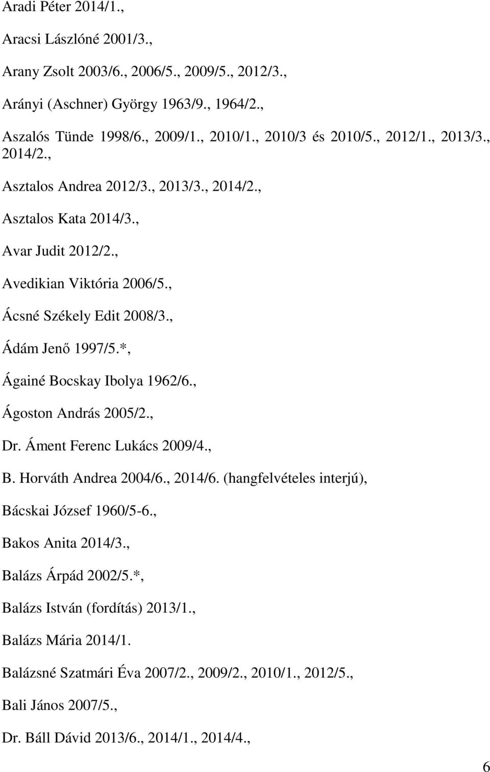 *, Ágainé Bocskay Ibolya 1962/6., Ágoston András 2005/2., Dr. Áment Ferenc Lukács 2009/4., B. Horváth Andrea 2004/6., 2014/6. (hangfelvételes interjú), Bácskai József 1960/5-6.