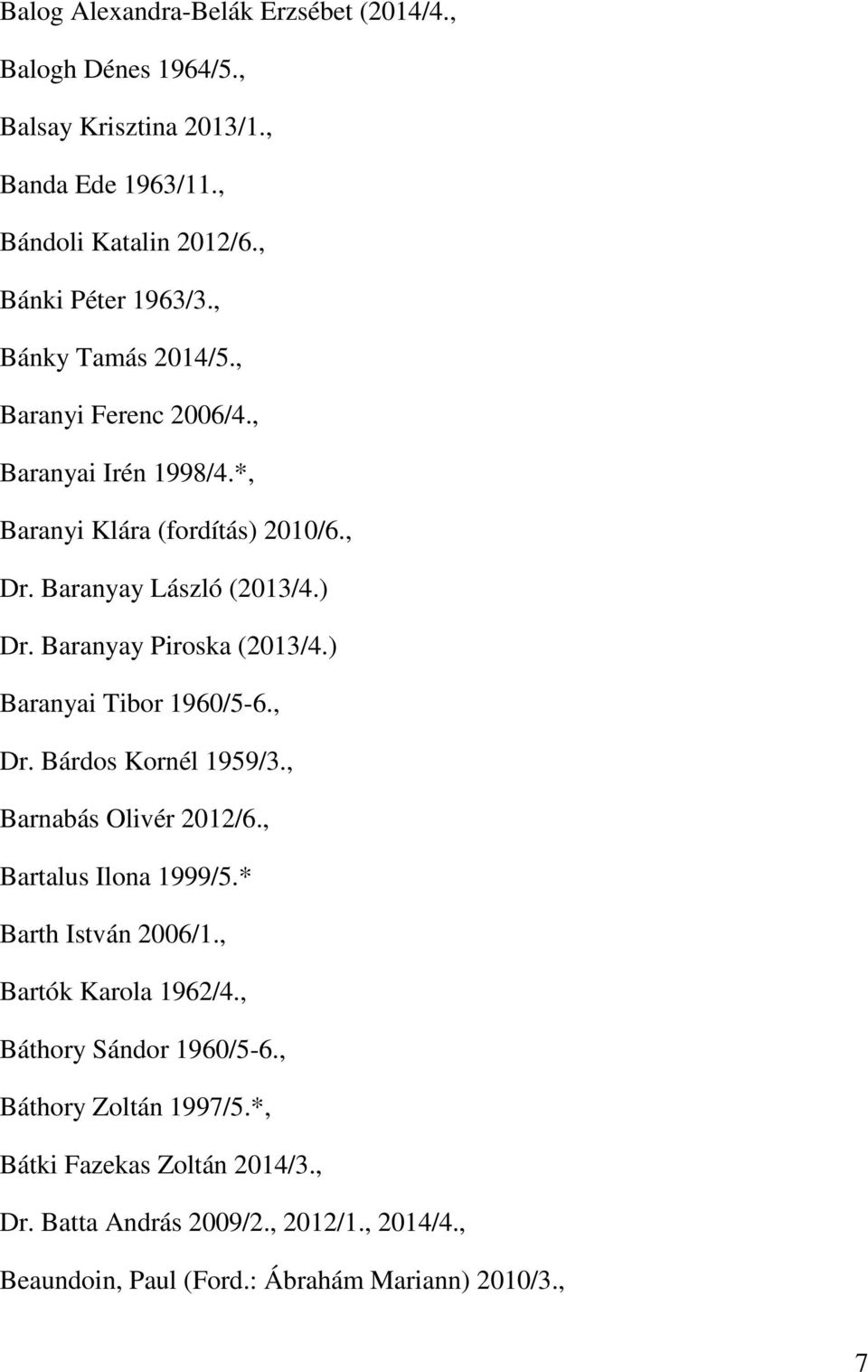 Baranyay Piroska (2013/4.) Baranyai Tibor 1960/5-6., Dr. Bárdos Kornél 1959/3., Barnabás Olivér 2012/6., Bartalus Ilona 1999/5.* Barth István 2006/1.