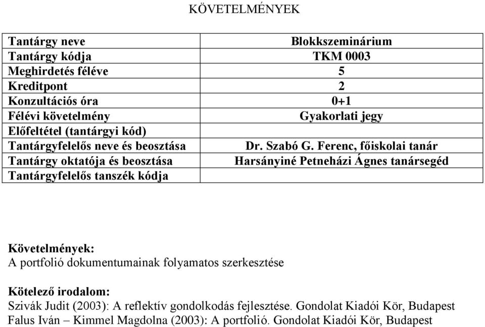 Ferenc, főiskolai tanár Tantárgy oktatója és beosztása A portfolió dokumentumainak folyamatos