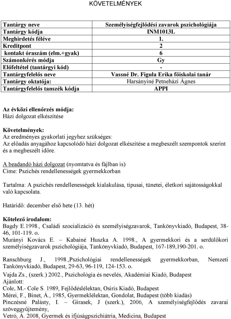 kapcsolódó házi dolgozat elkészítése a megbeszélt szempontok szerint és a megbeszélt időre.