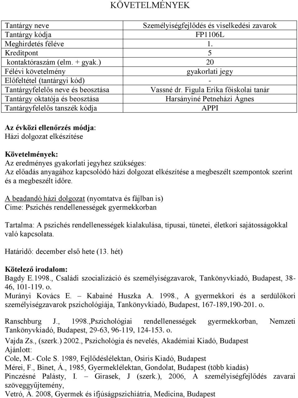 anyagához kapcsolódó házi dolgozat elkészítése a megbeszélt szempontok szerint és a megbeszélt időre.