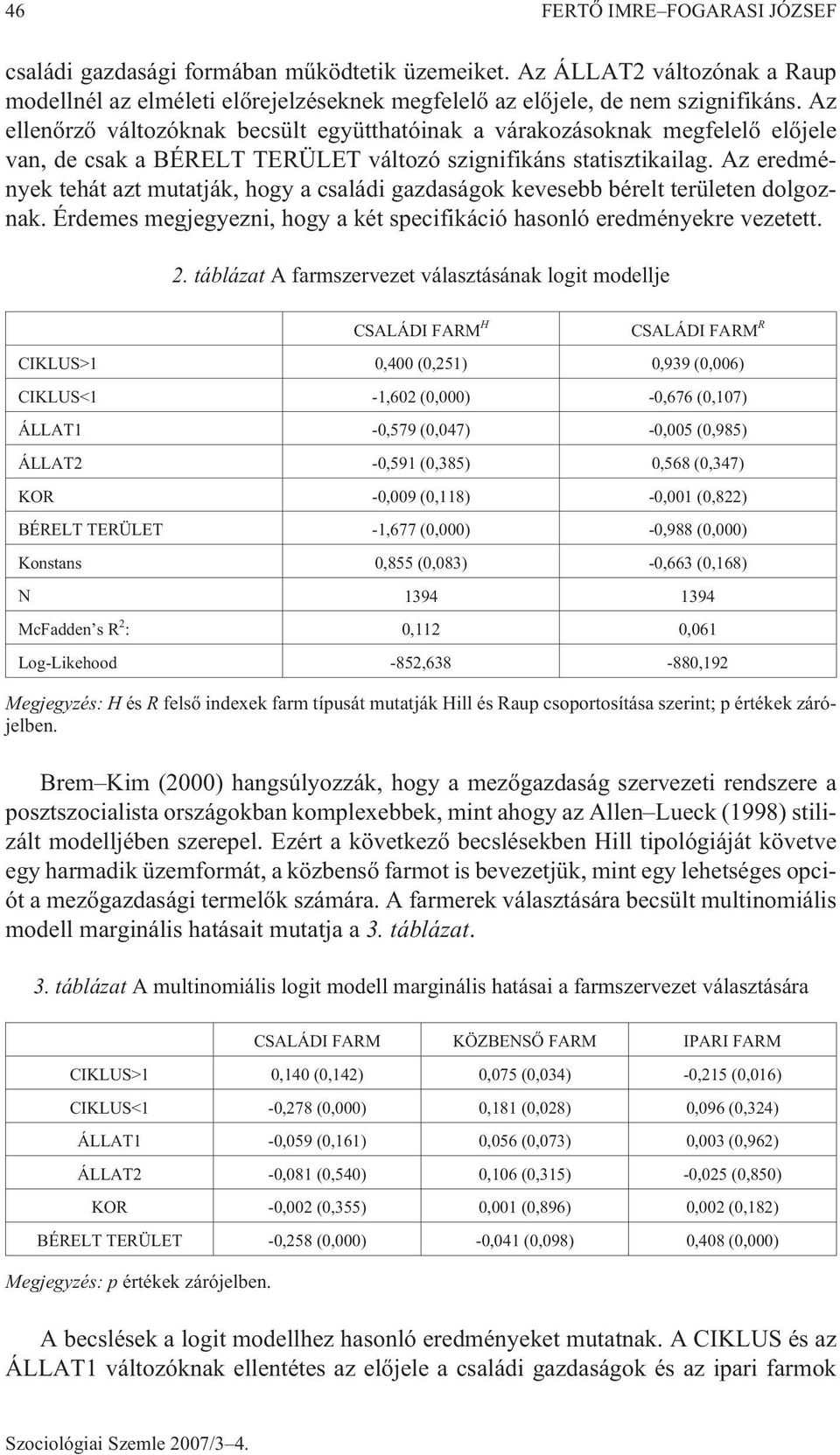Az eredmények tehát azt mutatják, hogy a családi gazdaságok kevesebb bérelt területen dolgoznak. Érdemes megjegyezni, hogy a két specifikáció hasonló eredményekre vezetett. 2.