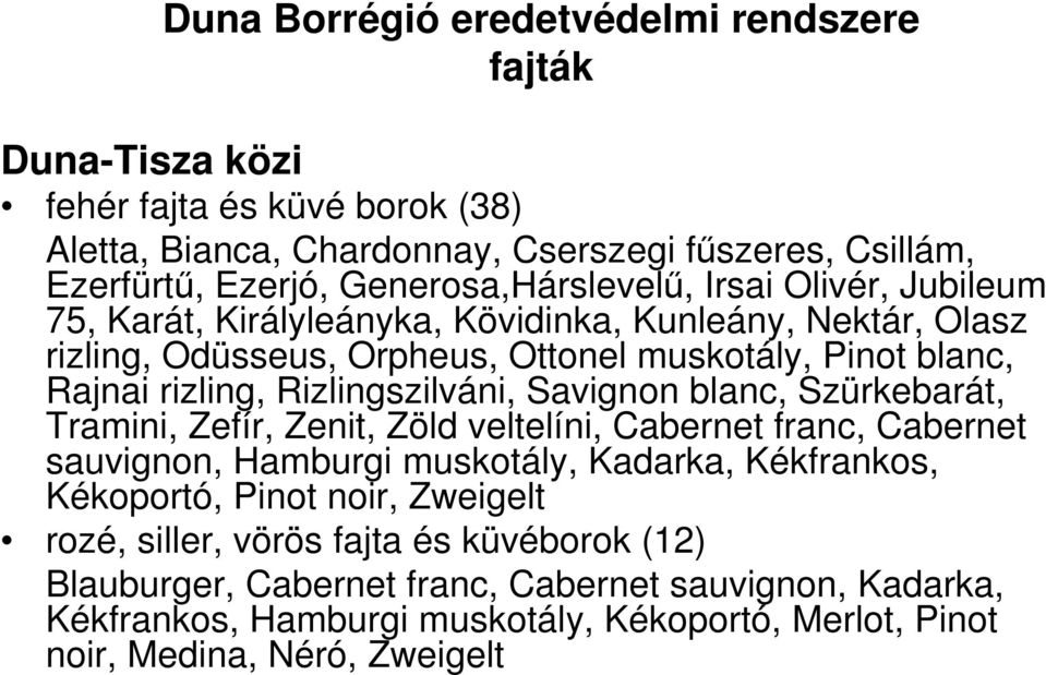 blanc, Szürkebarát, Tramini, Zefír, Zenit, Zöld veltelíni, Cabernet franc, Cabernet sauvignon, Hamburgi muskotály, Kadarka, Kékfrankos, Kékoportó, Pinot noir, Zweigelt