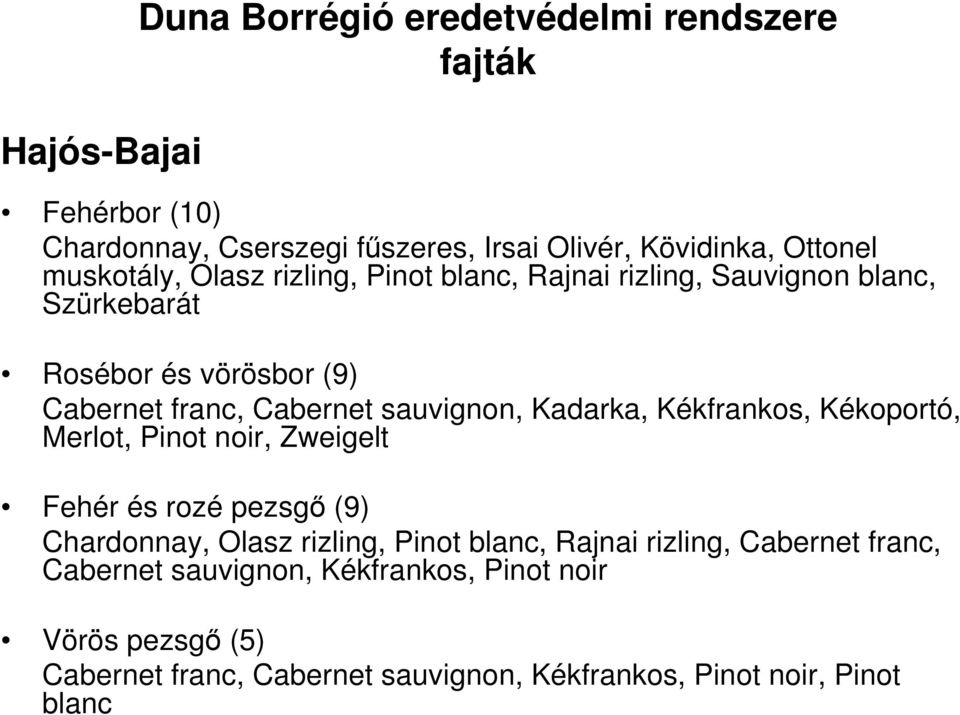 sauvignon, Kadarka, Kékfrankos, Kékoportó, Merlot, Pinot noir, Zweigelt Fehér és rozé pezsgő (9) Chardonnay, Olasz rizling, Pinot blanc,