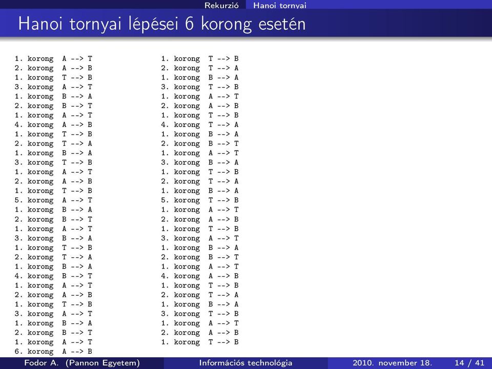 korong T --> A 2. korong B --> T 1. korong B --> A 1. korong A --> T 3. korong T --> B 3. korong B --> A 1. korong A --> T 1. korong T --> B 2. korong A --> B 2. korong T --> A 1. korong T --> B 1.