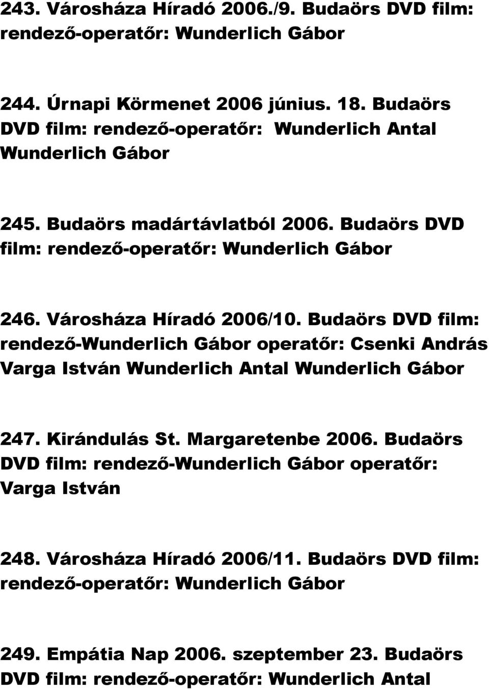 Városháza Híradó 2006/10. Budaörs DVD film: rendező- operatőr: Csenki András Varga István Wunderlich Antal 247. Kirándulás St. Margaretenbe 2006.