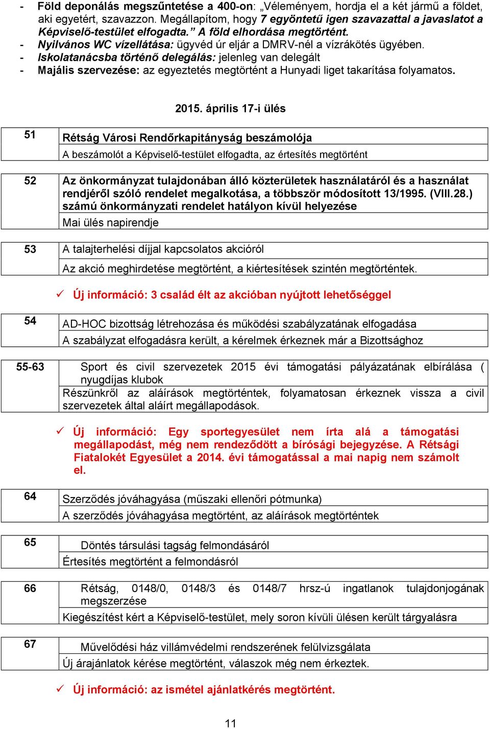 - Iskolatanácsba történő delegálás: jelenleg van delegált - Majális szervezése: az egyeztetés megtörtént a Hunyadi liget takarítása folyamatos. 2015.