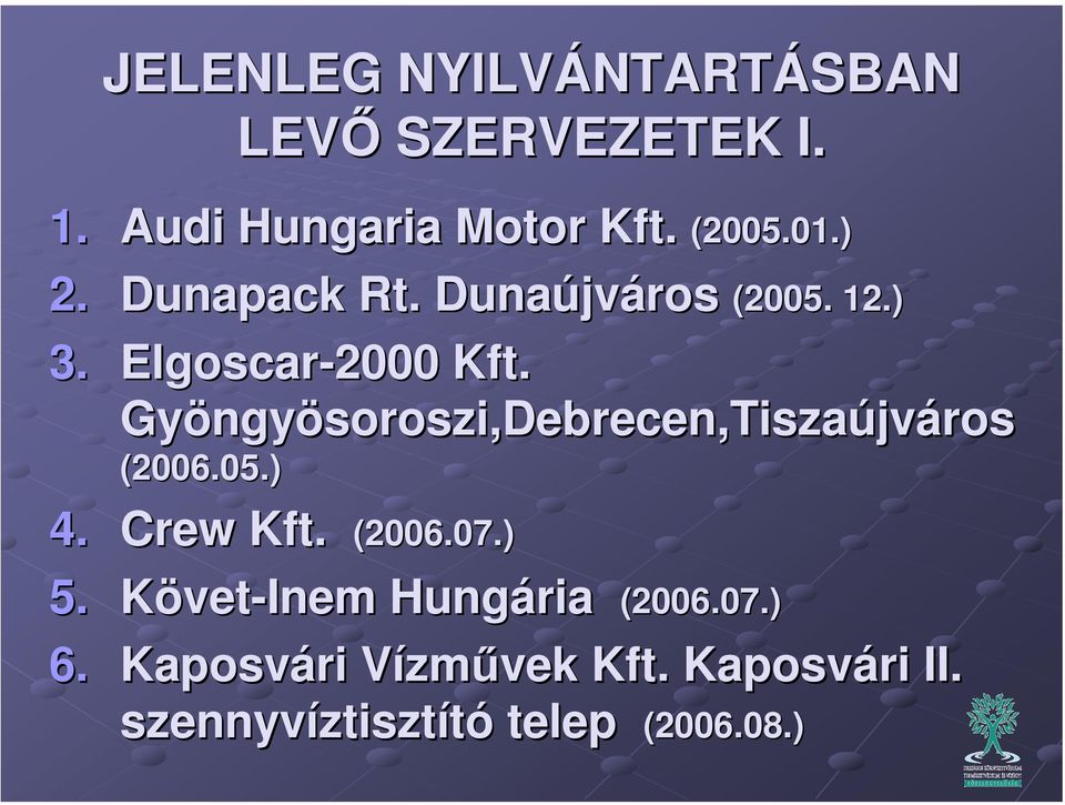 Gyöngyösoroszi,Debrecen,,Debrecen,Tiszaújváros (2006.05.) 4. Crew Kft. (2006.07.) 5.