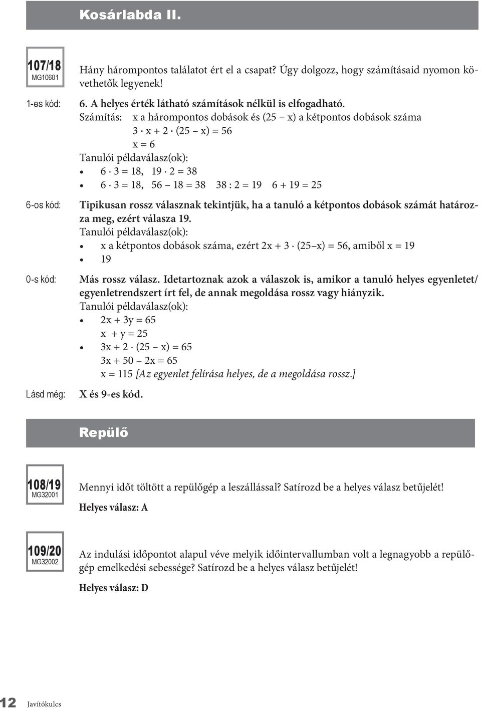 ha a tanuló a kétpontos dobások számát határozza meg, ezért válasza 19. x a kétpontos dobások száma, ezért 2x + 3 (25 x) = 56, amiből x = 19 19 0-s kód: Más rossz válasz.