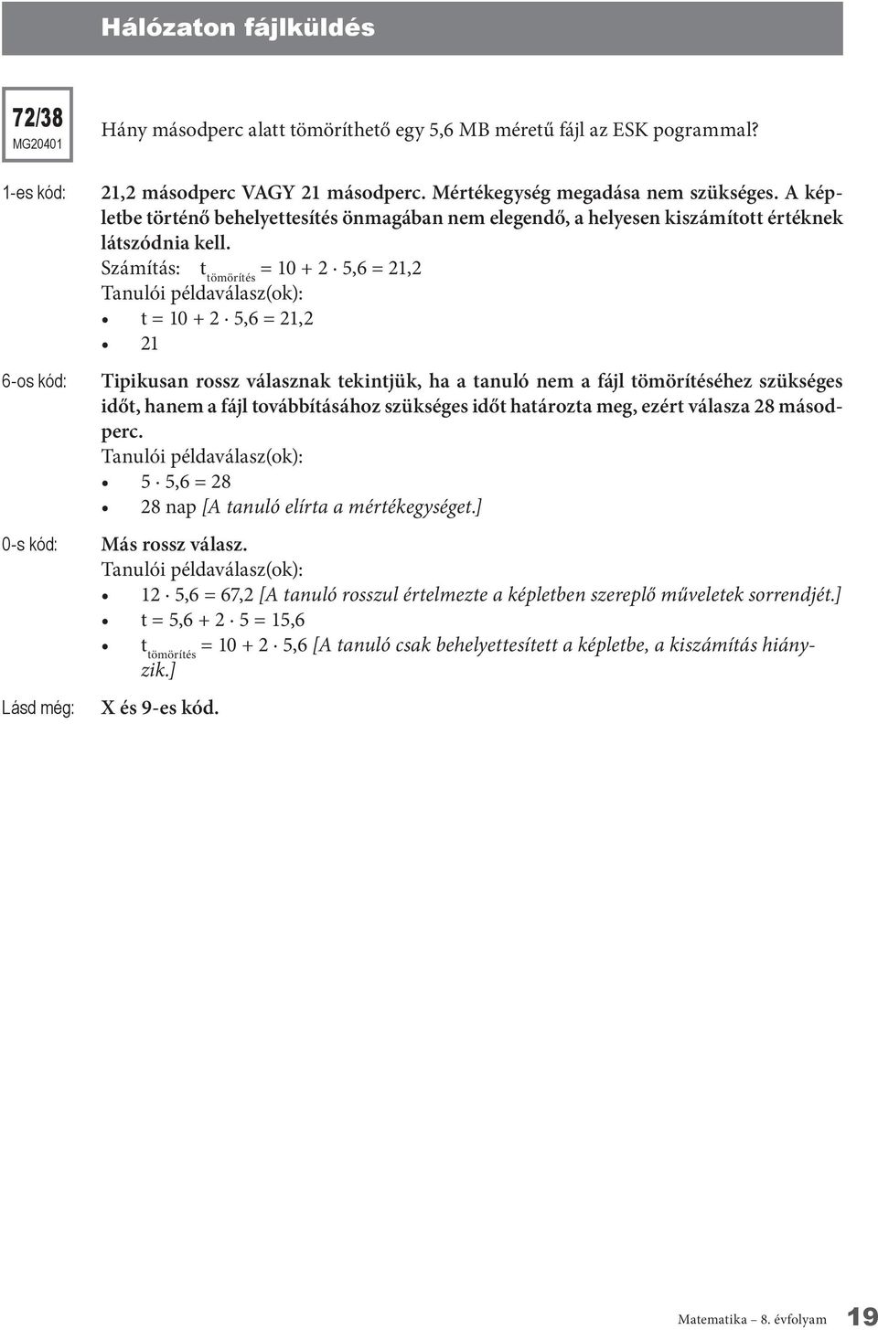 Számítás: t tömörítés = 10 + 2 5,6 = 21,2 t = 10 + 2 5,6 = 21,2 21 Tipikusan rossz válasznak tekintjük, ha a tanuló nem a fájl tömörítéséhez szükséges időt, hanem a fájl továbbításához szükséges időt