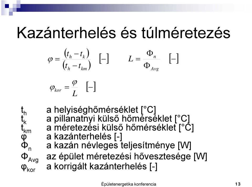 külső hőmérséklet [ C] φ a kazánterhelés [-] Φ n a kazán névleges teljesítménye [W] Φ Avg az