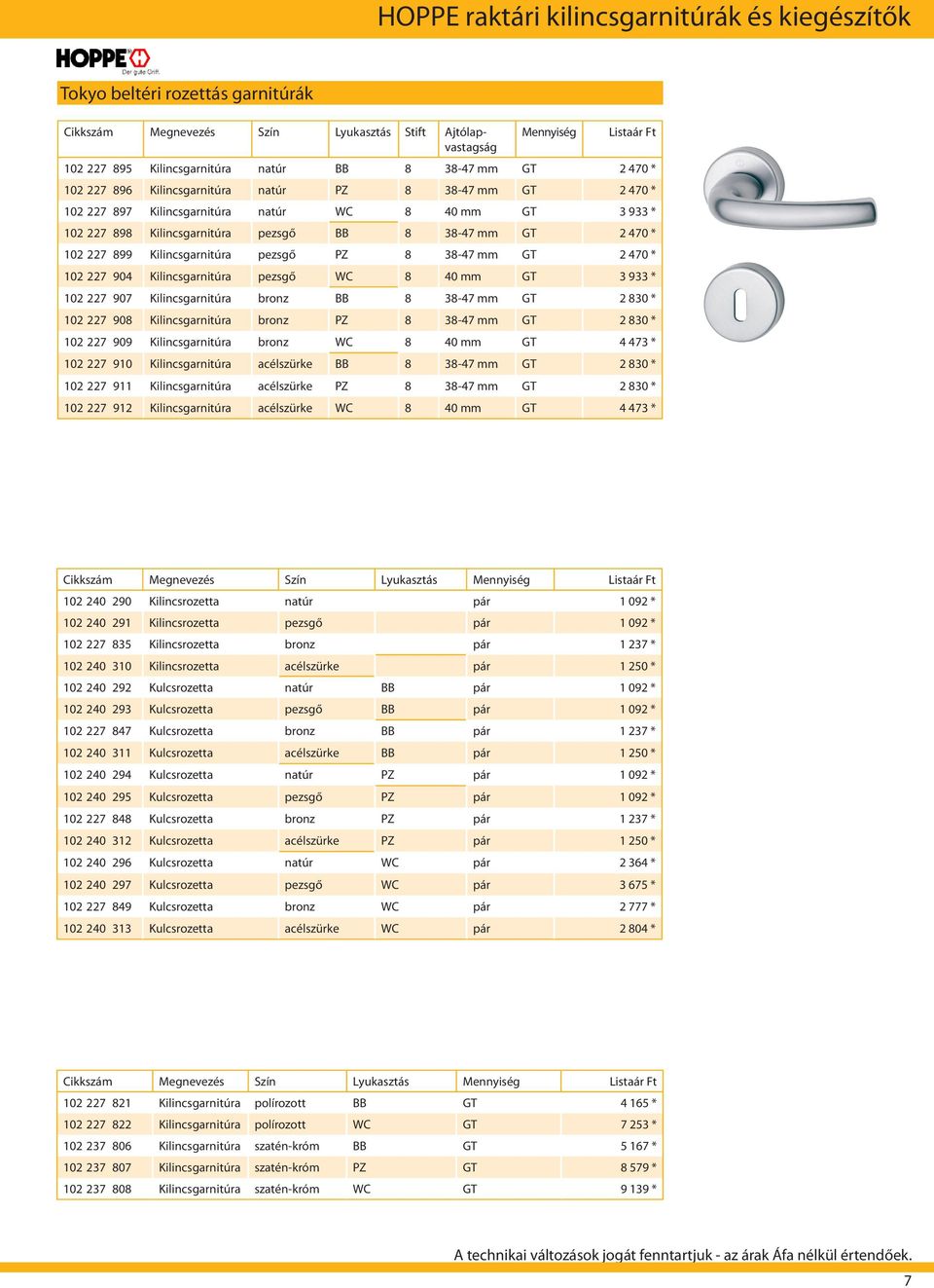 102 227 899 Kilincsgarnitúra pezsgő PZ 8 38-47 mm GT 2 470 * 102 227 904 Kilincsgarnitúra pezsgő WC 8 40 mm GT 3 933 * 102 227 907 Kilincsgarnitúra bronz BB 8 38-47 mm GT 2 830 * 102 227 908