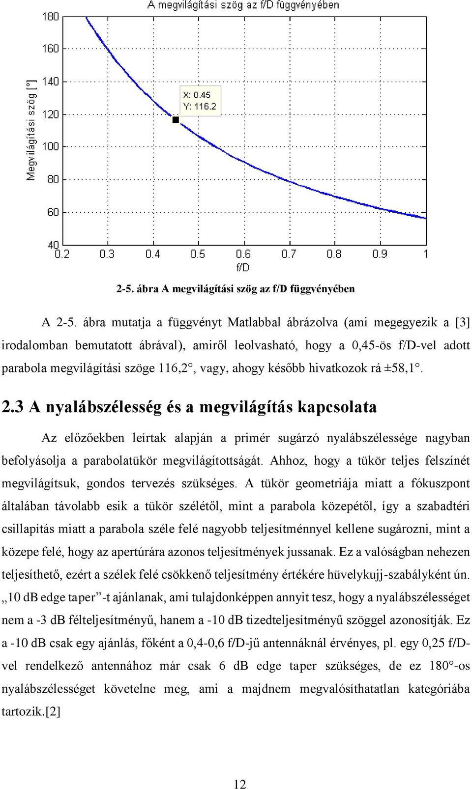 később hivatkozok rá ±58,1. 2.3 A nyalábszélesség és a megvilágítás kapcsolata Az előzőekben leírtak alapján a primér sugárzó nyalábszélessége nagyban befolyásolja a parabolatükör megvilágítottságát.