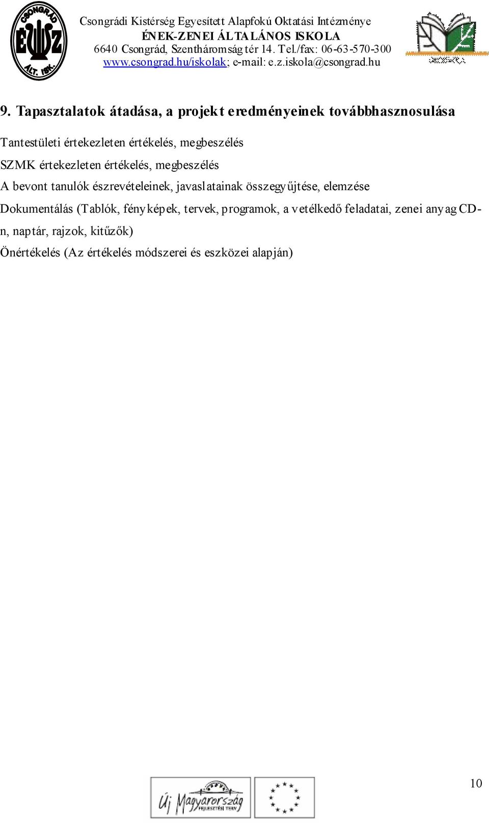 javaslatainak összegyűjtése, elemzése Dokumentálás (Tablók, fényképek, tervek, programok, a vetélkedő