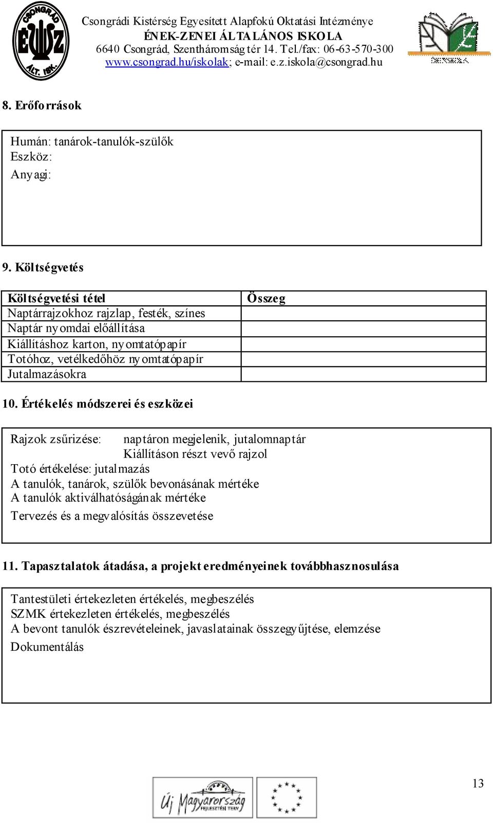 10. Értékelés módszerei és eszközei Rajzok zsűrizése: naptáron megjelenik, jutalomnaptár Kiállításon részt vevő rajzol Totó értékelése: jutalmazás A tanulók, tanárok, szülők bevonásának mértéke
